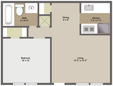 One bedroom, one bathroom two dimensional floor plan.